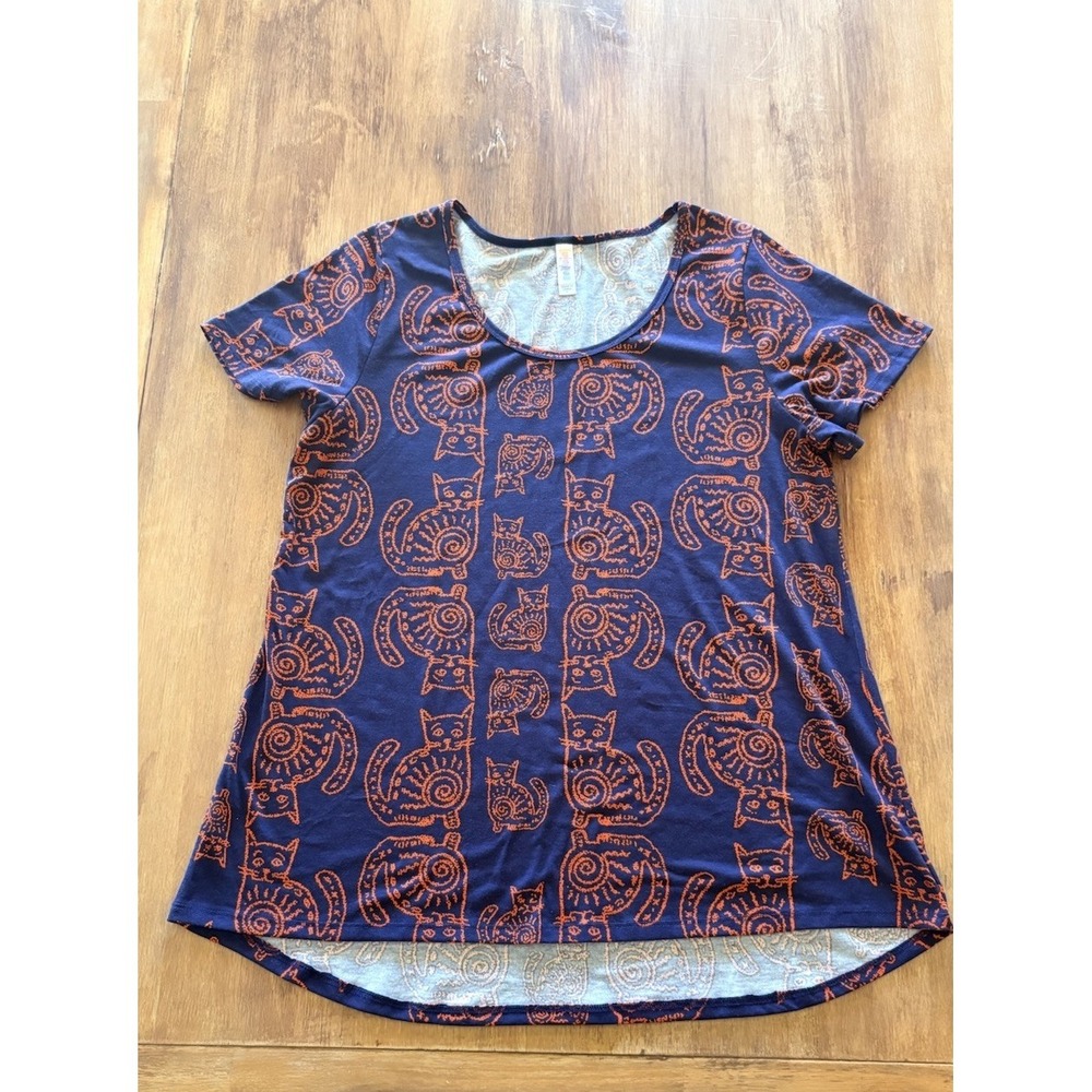 LulaRoe Perfect Tee Shirt Cat Blue Orange Geometric Print Sz L
